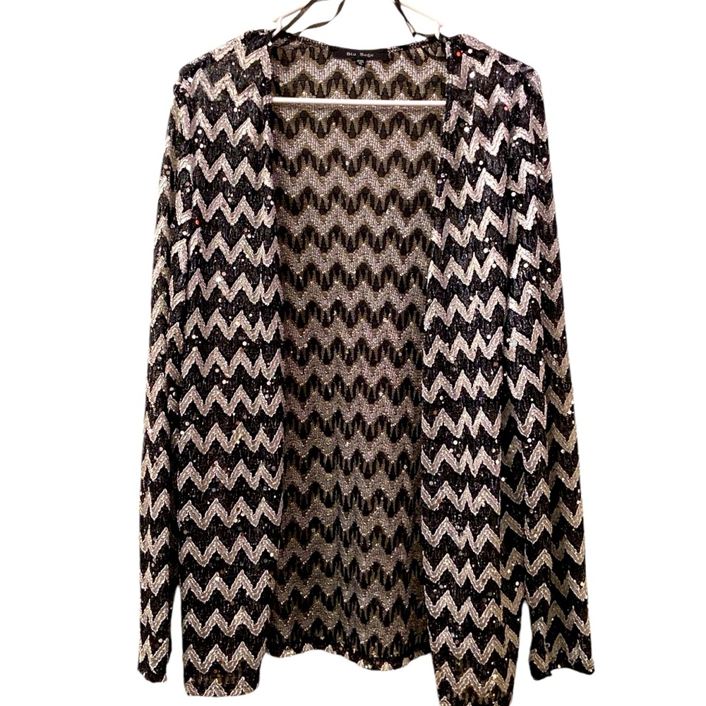 Blu Sage Jacket Sequins Metallic Cardigan Black Silver WM SZ XL Holiday Sparkle